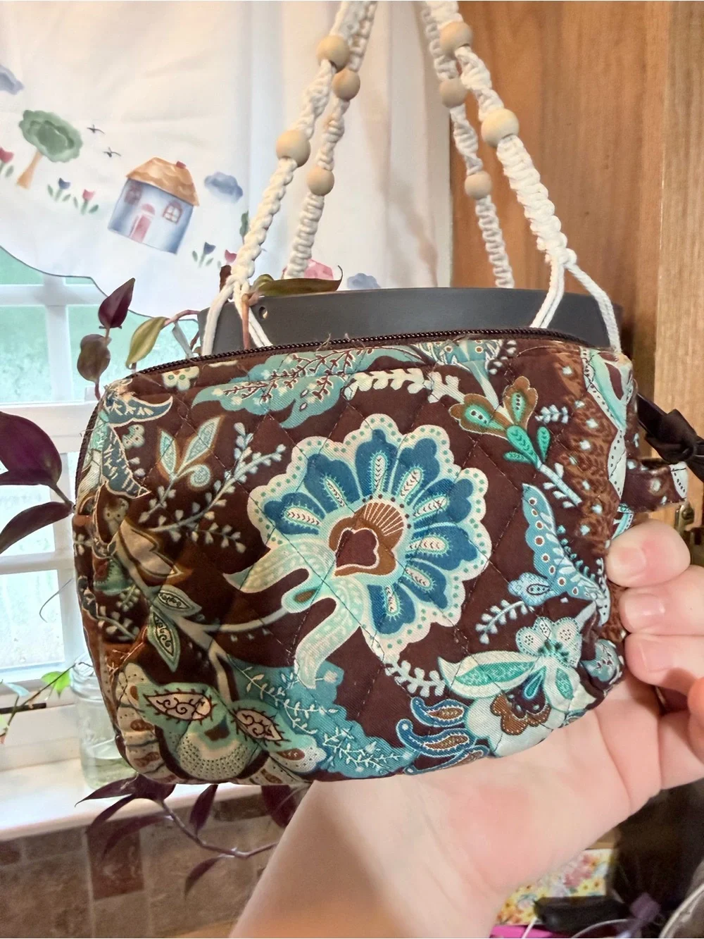 Vera Bradley Quilted Floral Zip Wristlet Cosmetic Pouch in Java BlueBrown & Teal